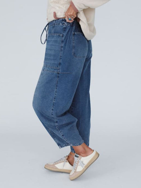 Damen Baggy Jeans Oversize Casual mit weitem Bein und Kordelzug