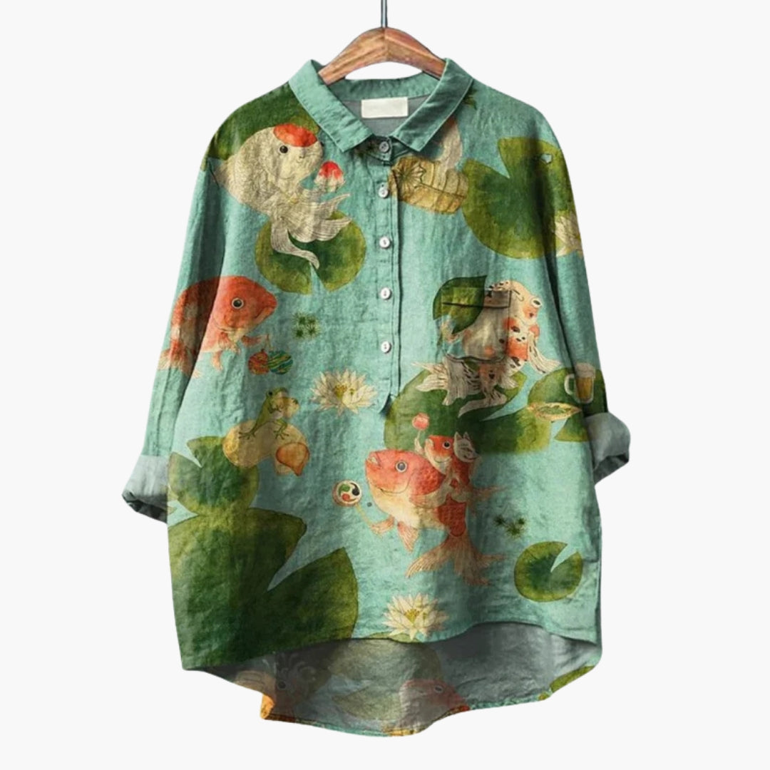Damenbluse mit Blumenmuster, Kragen und Knopfleiste