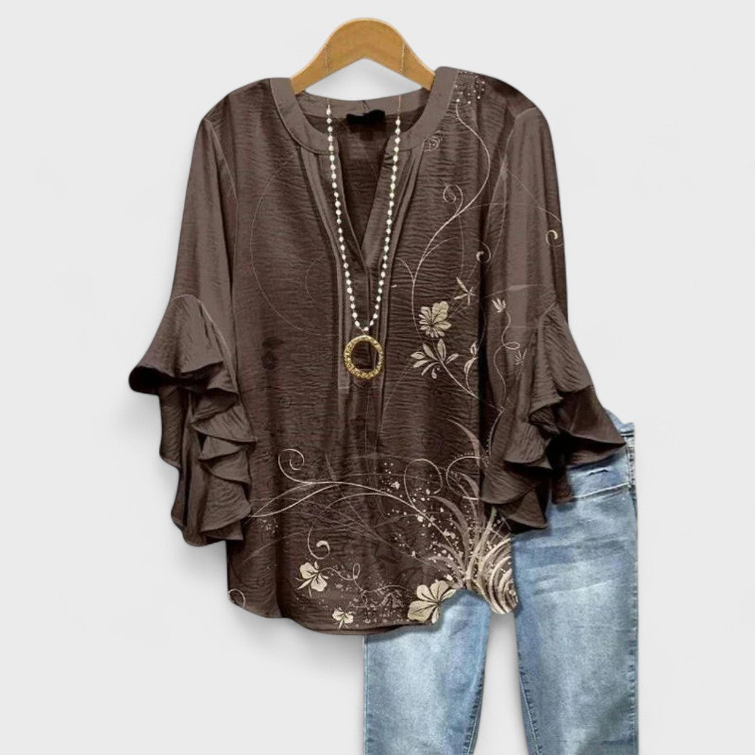 Damenbluse Regular Fit Casual mit Volantärmel und V-Ausschnitt