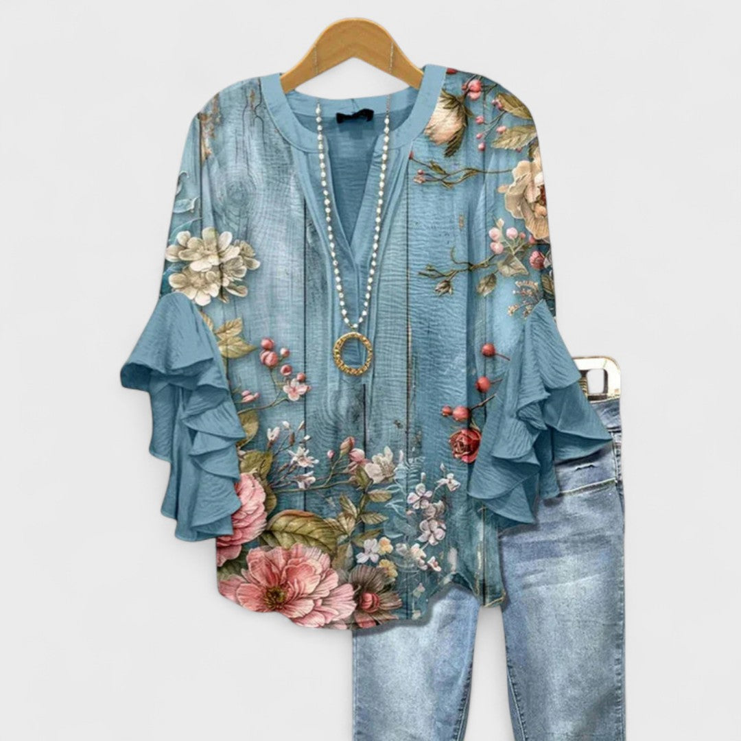 Damenbluse Regular Fit Casual mit Volantärmel und V-Ausschnitt