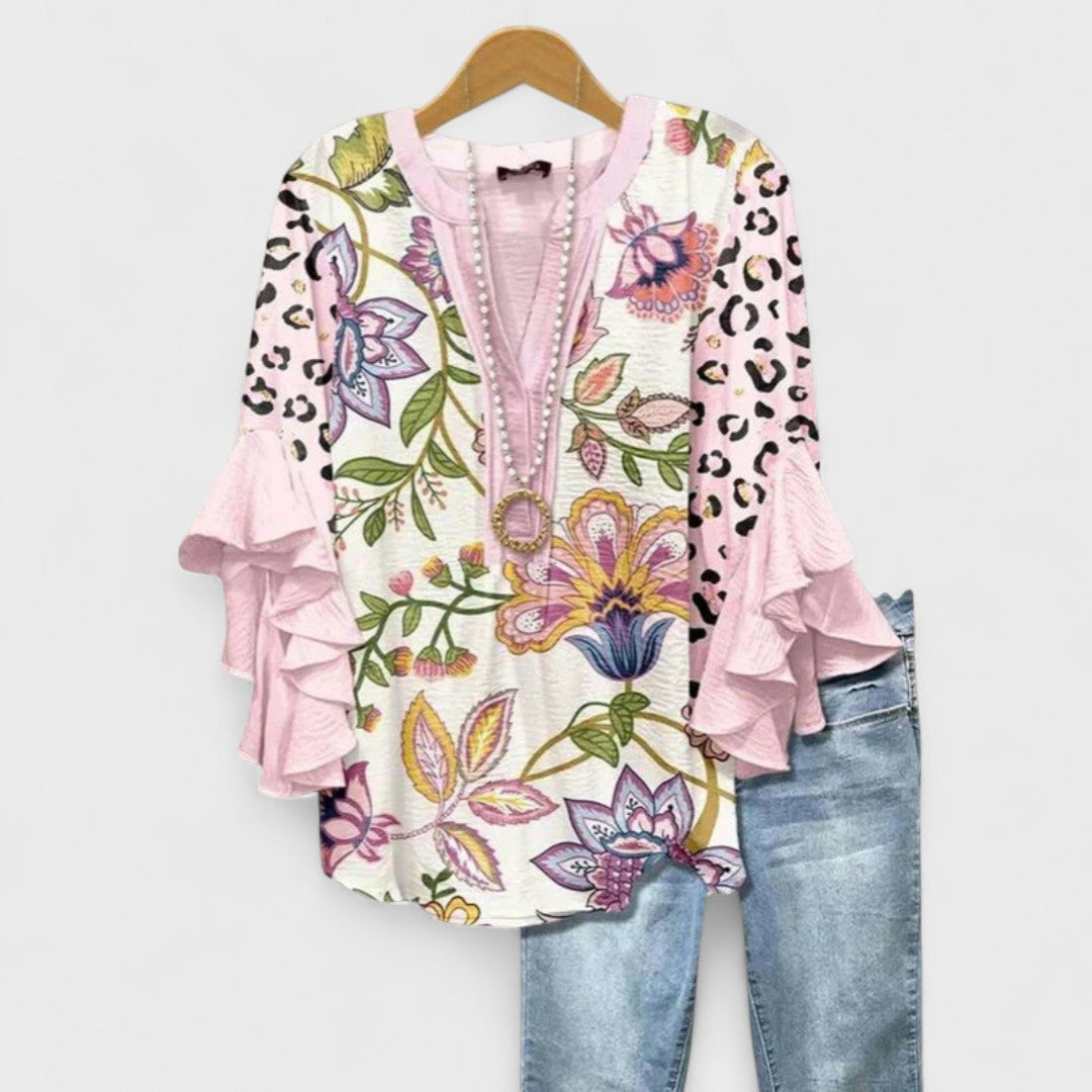 Damenbluse Regular Fit Casual mit Volantärmel und V-Ausschnitt