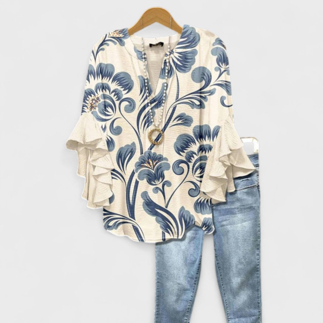 Damenbluse Regular Fit Casual mit Volantärmel und V-Ausschnitt