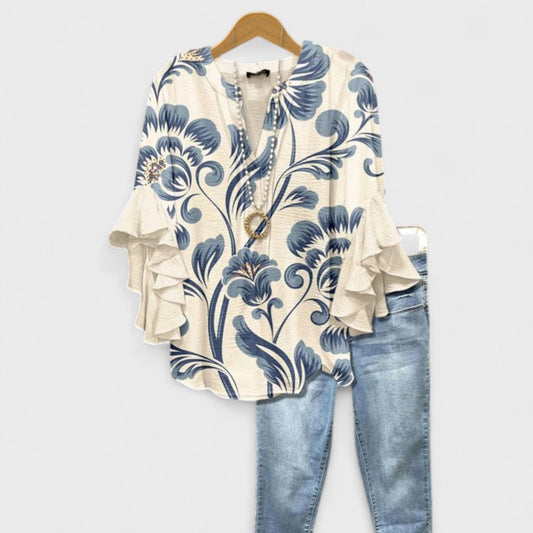 Damenbluse Slim Fit Casual mit Volantärmel und V-Ausschnitt