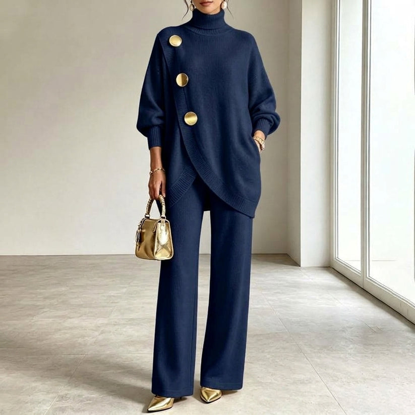 Zaria I Damen Oversize Strickset Casual mit asymmetrischem Knopfoberteil und weitem Bein