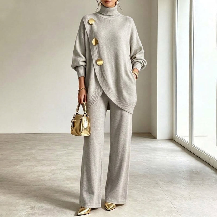 Zaria I Damen Oversize Strickset Casual mit asymmetrischem Knopfoberteil und weitem Bein