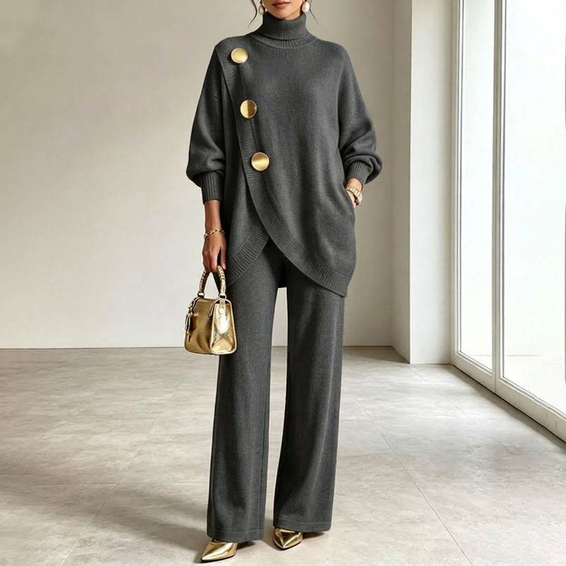 Zaria I Damen Oversize Strickset Casual mit asymmetrischem Knopfoberteil und weitem Bein