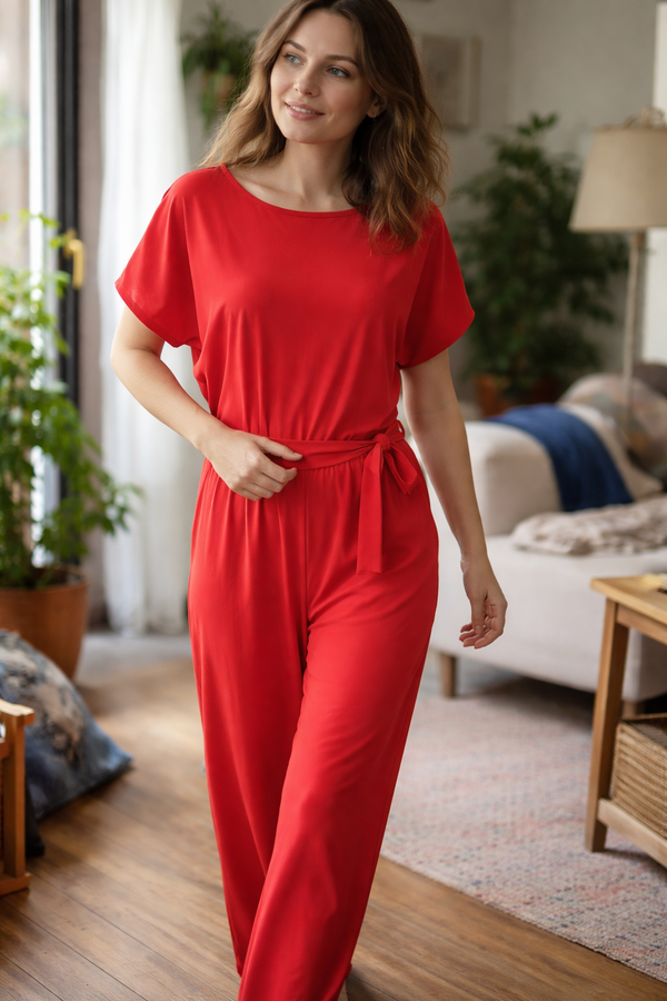 Damen Jumpsuit Regular Fit mit Bindegürtel und weitem Bein