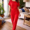 Damen Jumpsuit Regular Fit mit Bindegürtel und weitem Bein