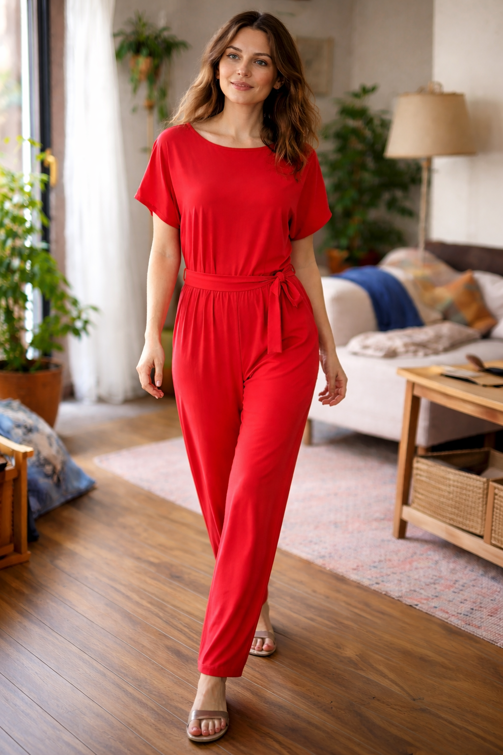 Damen Jumpsuit Regular Fit mit Bindegürtel und weitem Bein