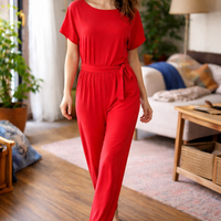 Damen Jumpsuit Regular Fit mit Bindegürtel und weitem Bein