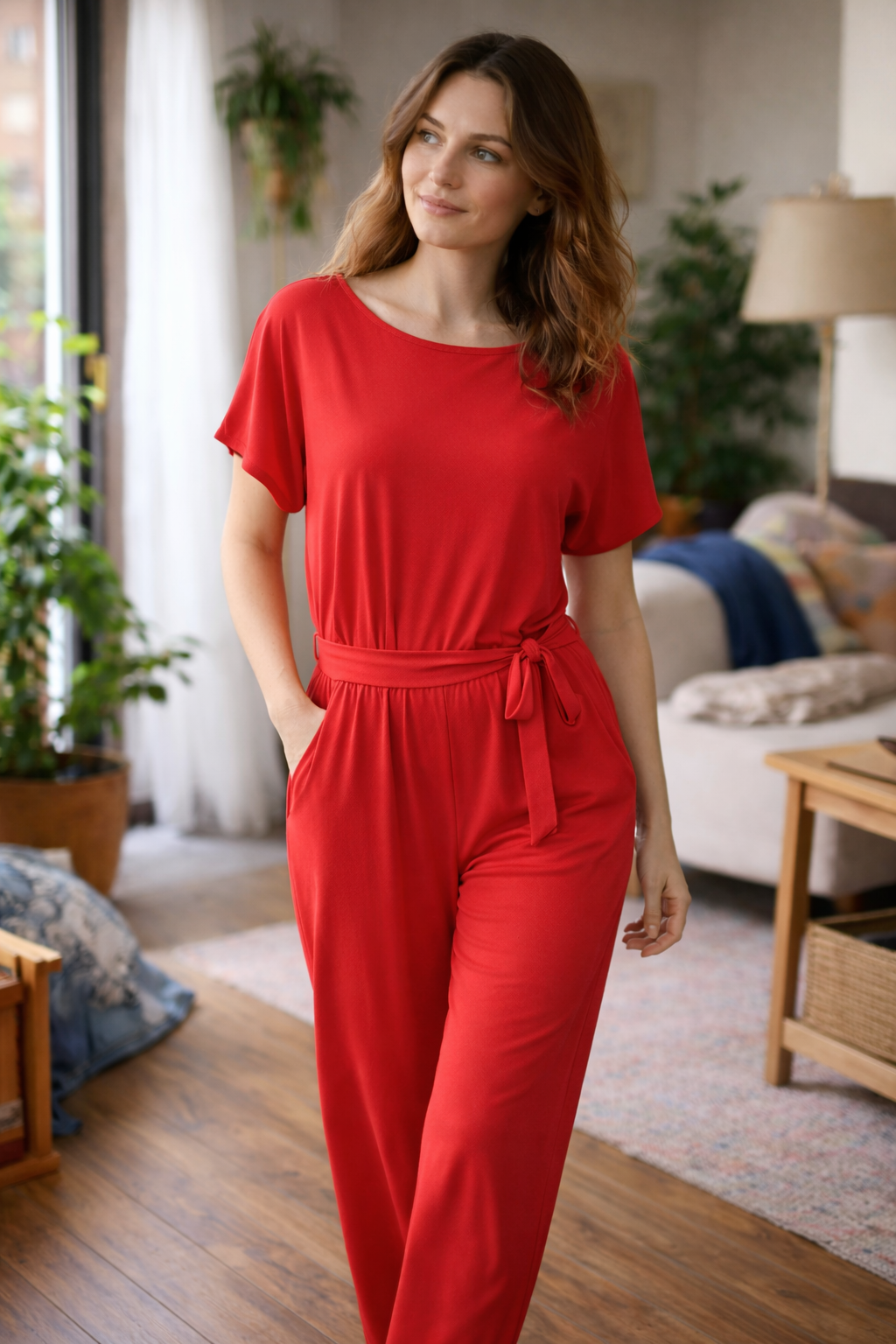 Damen Jumpsuit Regular Fit mit Bindegürtel und weitem Bein