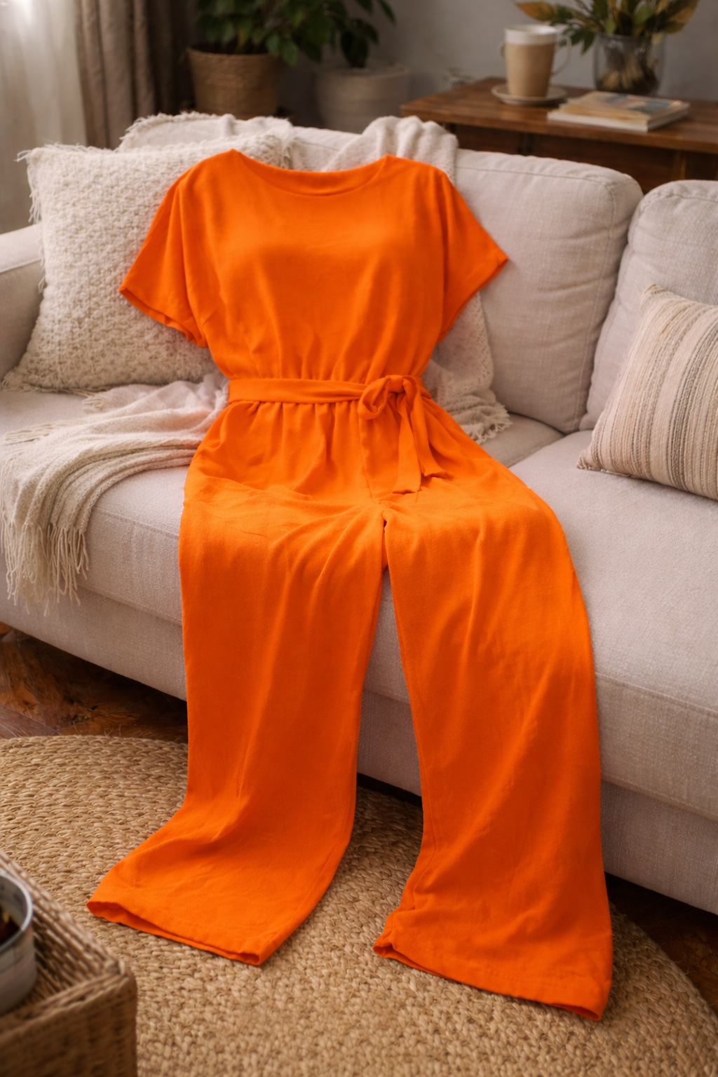 Damen Jumpsuit Regular Fit mit Bindegürtel und weitem Bein