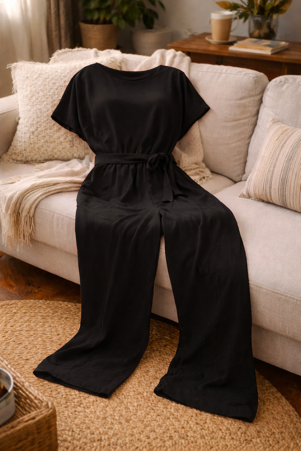 Damen Jumpsuit Regular Fit mit Bindegürtel und weitem Bein