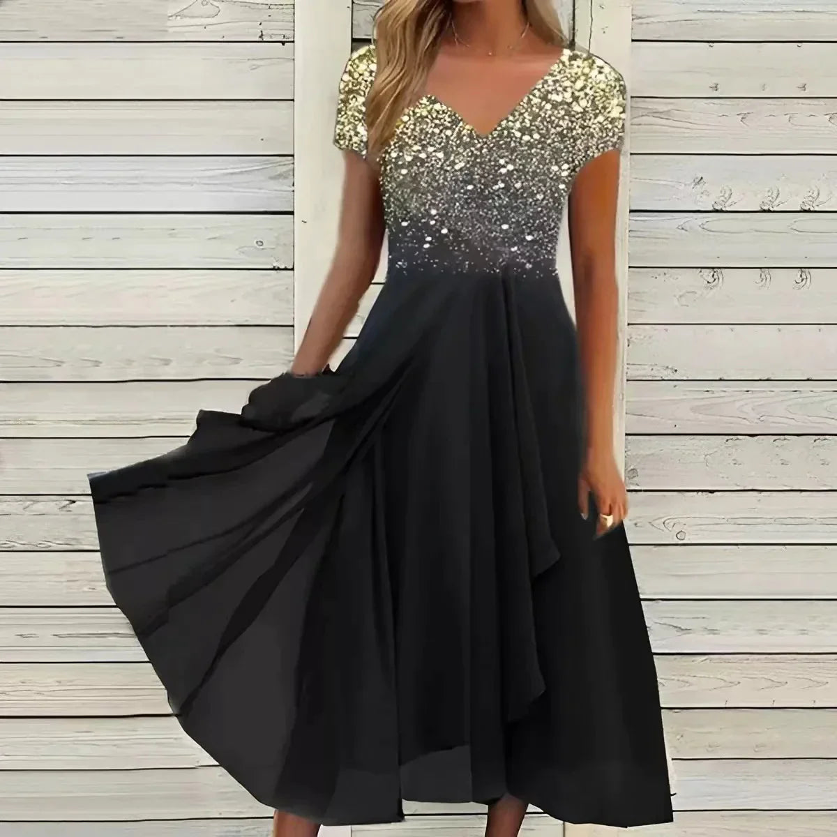 Damen Abendkleid Taillenbetont Midi Schwingender Rock