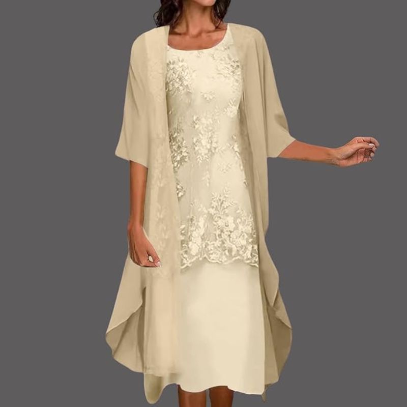Damen Midikleid Relaxed Fit Elegant mit Cape-Layering und Spitzen-Optik
