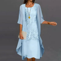 Damen Midikleid Relaxed Fit Elegant mit Cape-Layering und Spitzen-Optik