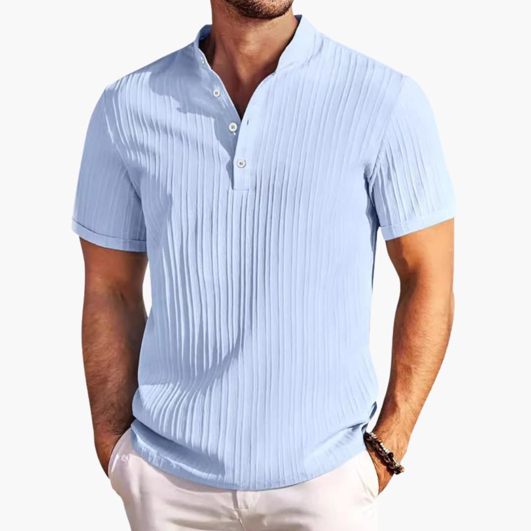 Herren T-Shirt mit Knopfleiste und strukturierten Streifen im Casual-Stil 1