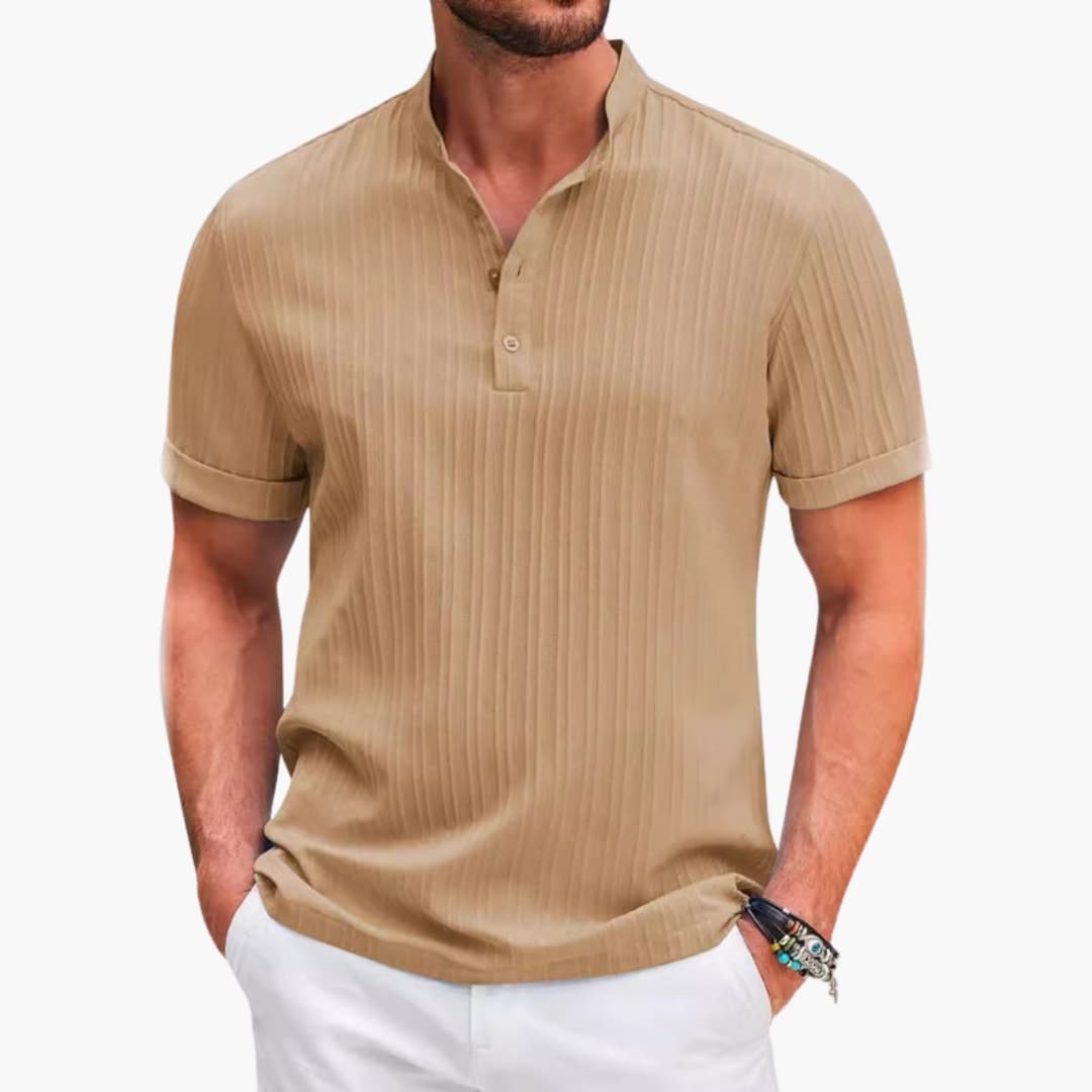 Herren T-Shirt mit Knopfleiste und strukturierten Streifen im Casual-Stil 2
