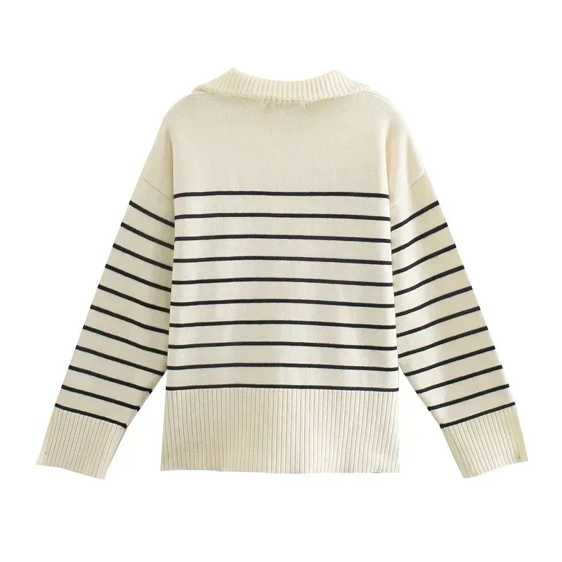 Damen Strickpullover Relaxed Fit Casual Halb-Zip Gestreift