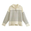 Damen Strickpullover Relaxed Fit Casual Halb-Zip Gestreift