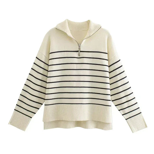 Damen Strickpullover Relaxed Fit Casual Halb-Zip Gestreift