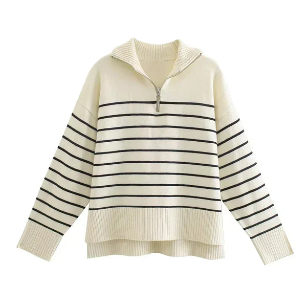 Damen Strickpullover Relaxed Fit Casual Halb-Zip Gestreift
