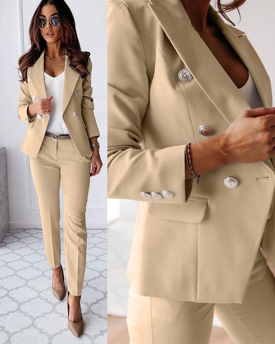 Damen Slim Fit Hosenanzug Business mit Doppelknopfleiste