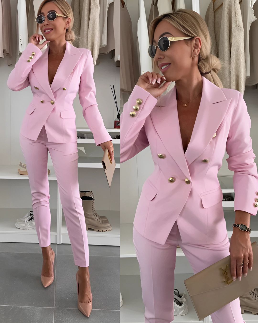 Damen Slim Fit Hosenanzug Business mit Doppelknopfleiste