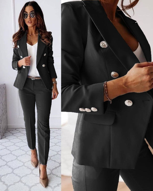 Damen Slim Fit Hosenanzug Business mit Doppelknopfleiste