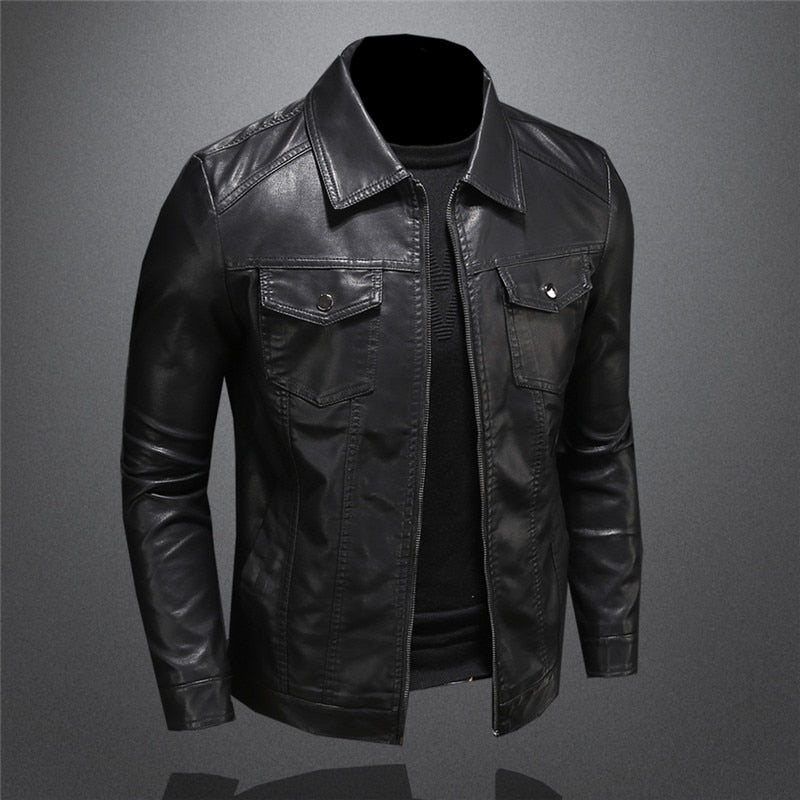 Lederjacke Herren – Slim Fit Übergangsjacke mit Reißverschluss Schwarz