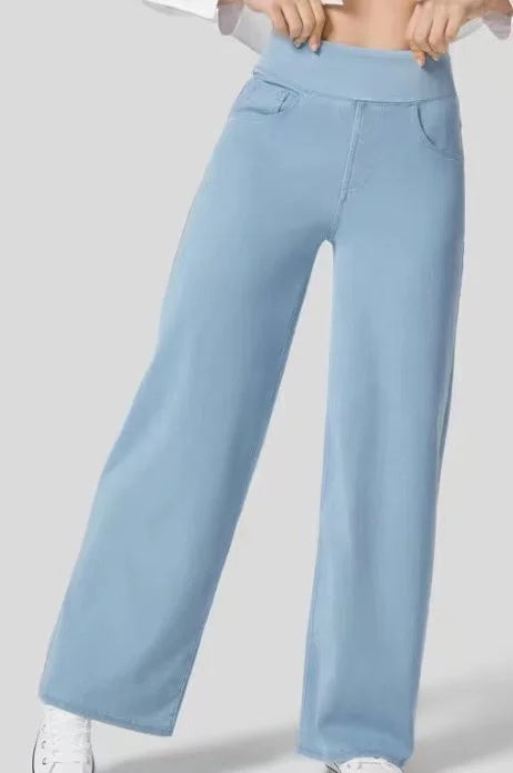 Damen Jeans High Waist Weites Bein Elastischer Bund Freizeit