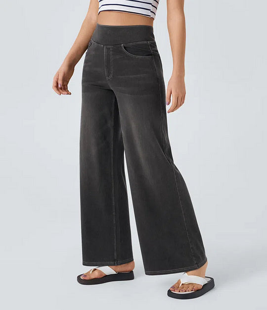 Damen Jeans High Waist Weites Bein Elastischer Bund Freizeit