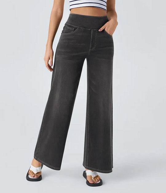 Damen Jeans High Waist Weites Bein Elastischer Bund Freizeit