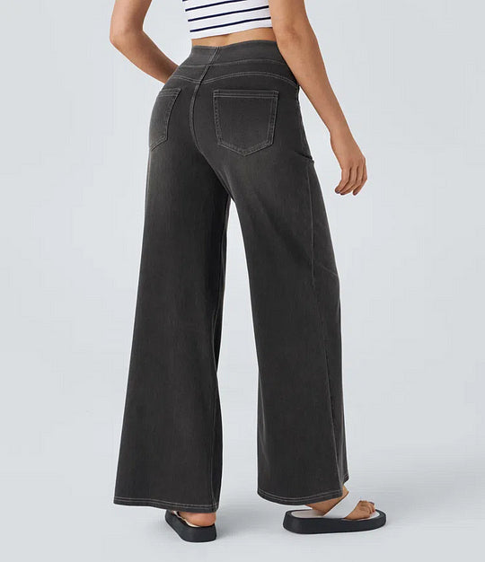 Damen Jeans High Waist Weites Bein Elastischer Bund Freizeit