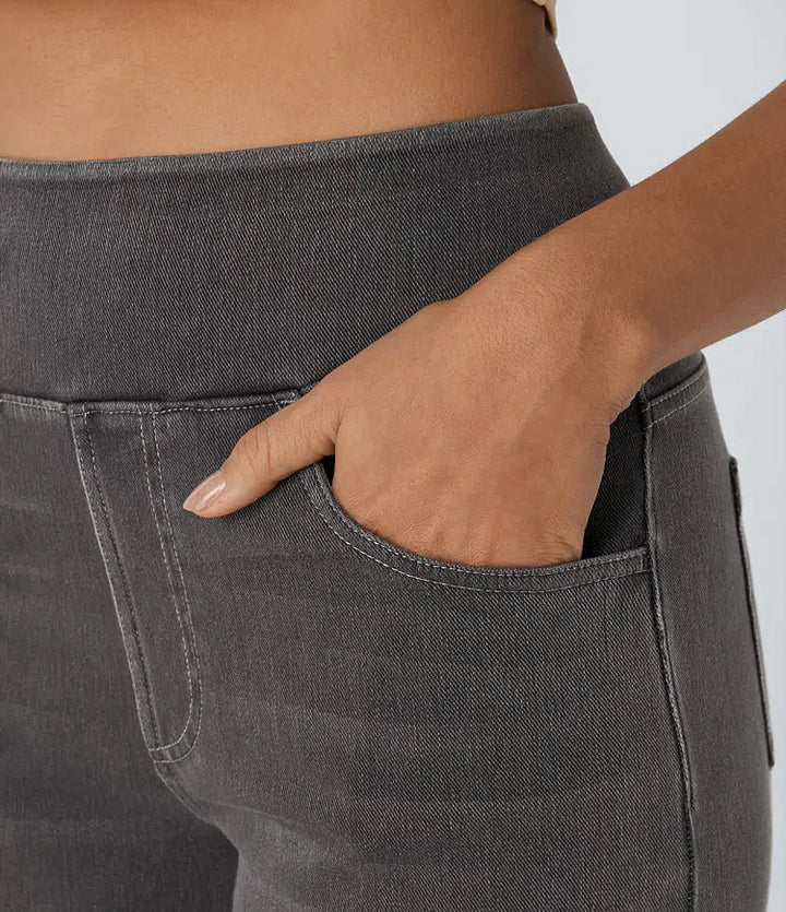 Damen Jeans High Waist Weites Bein Elastischer Bund Freizeit