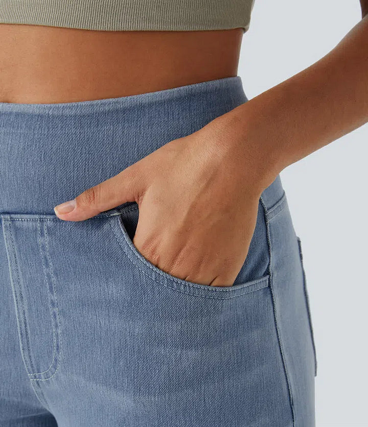Damen Jeans High Waist Weites Bein Elastischer Bund Freizeit