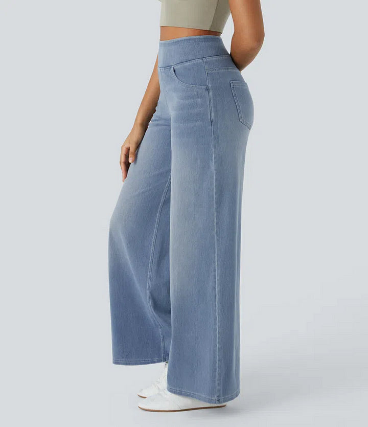Damen Jeans High Waist Weites Bein Elastischer Bund Freizeit