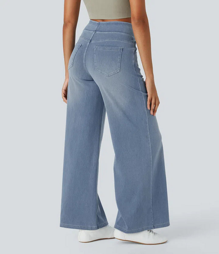Damen Jeans High Waist Weites Bein Elastischer Bund Freizeit