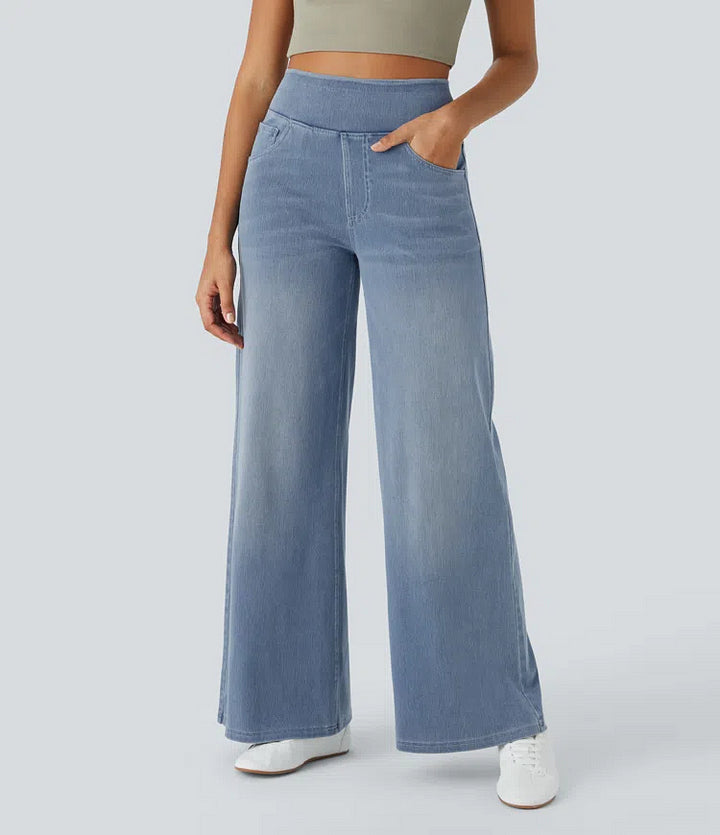 Damen Jeans High Waist Weites Bein Elastischer Bund Freizeit