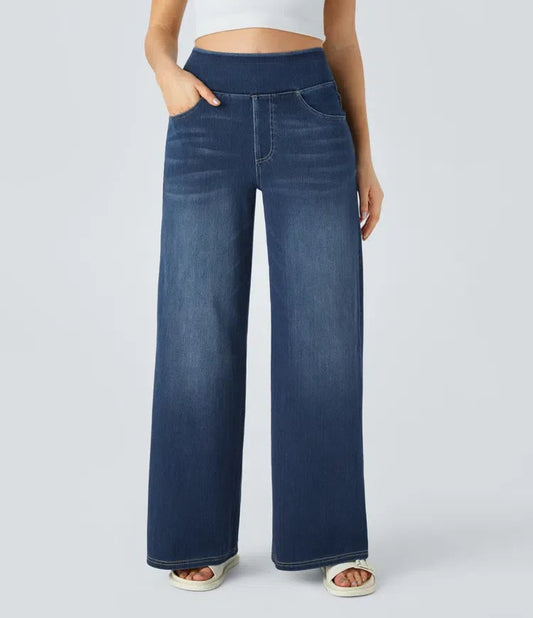 Damen Jeans High Waist Weites Bein Elastischer Bund Freizeit