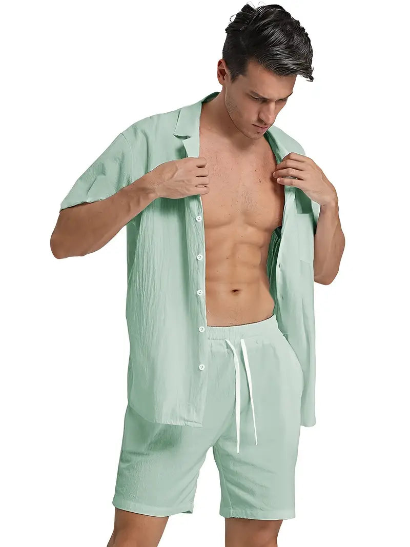 Klassisches Herren Set | Kurzarm-Hemd mit Knopfleiste & Shorts | Elegantes Design für Stilvolle Freizeitlooks 2