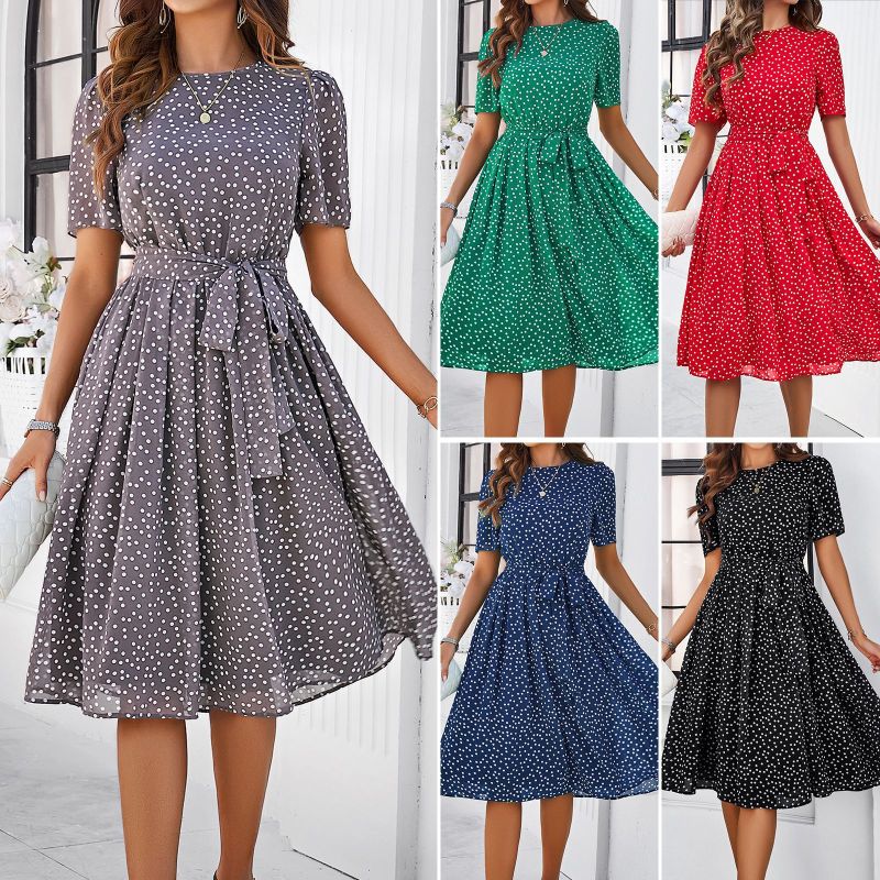 Damen Midi Kleid Kurzarm mit Punkten Elegant Femininer Schnitt