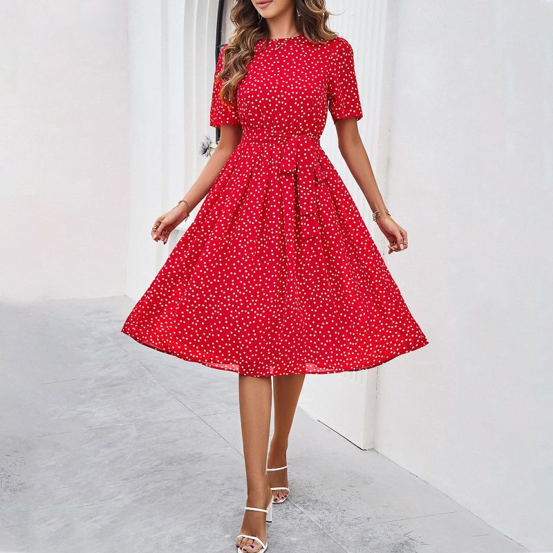 Damen Midi Kleid Kurzarm mit Punkten Elegant Femininer Schnitt