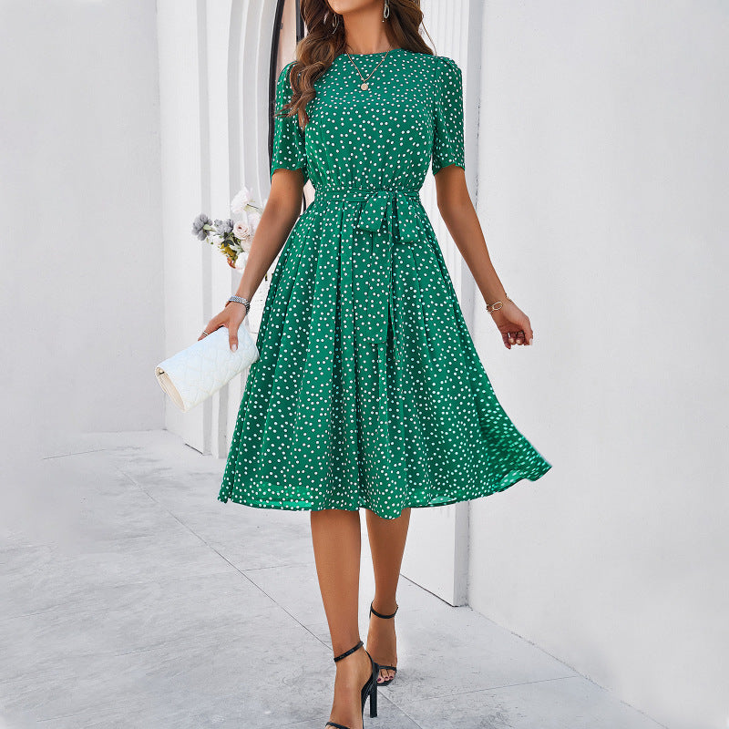 Damen Midi Kleid Kurzarm mit Punkten Elegant Femininer Schnitt