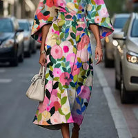 Midikleid Damen Tailliert Blumengemustert Elegant Festlich