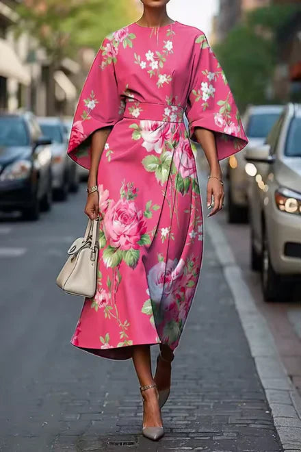 Midikleid Damen Tailliert Blumengemustert Elegant Festlich