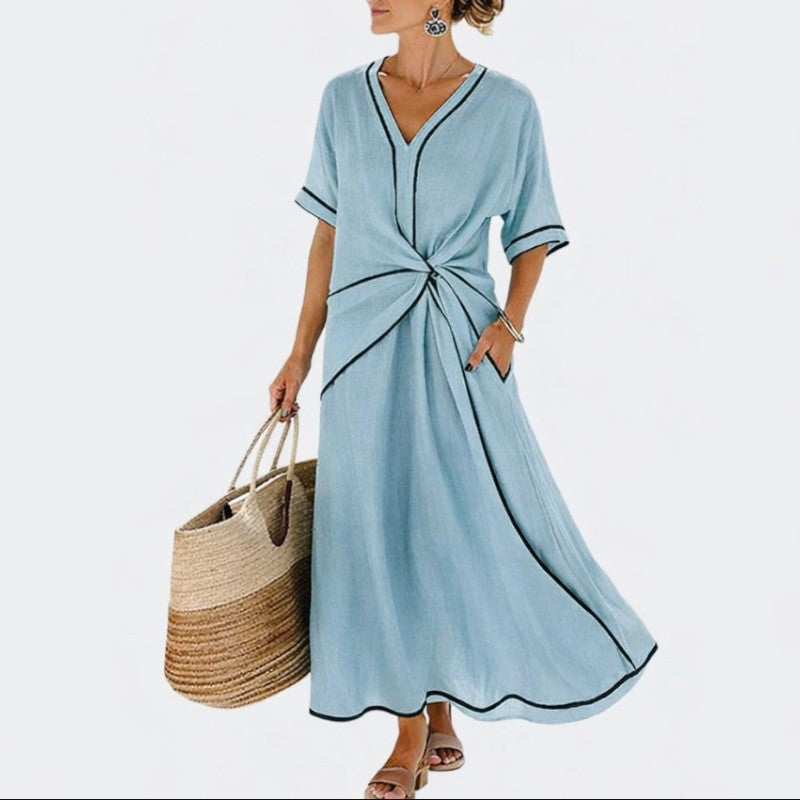 Damen Wickelkleid Slim Fit Freizeit Sommer Midi V-Ausschnitt Knotenfront