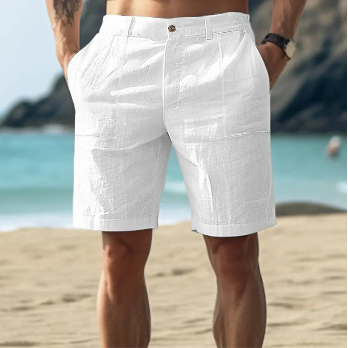 Leinen Shorts Herren | Atmungsaktive Kurze Hosen mit Kordelzug | Bequeme Freizeitkleidung für Entspannte Tage 0