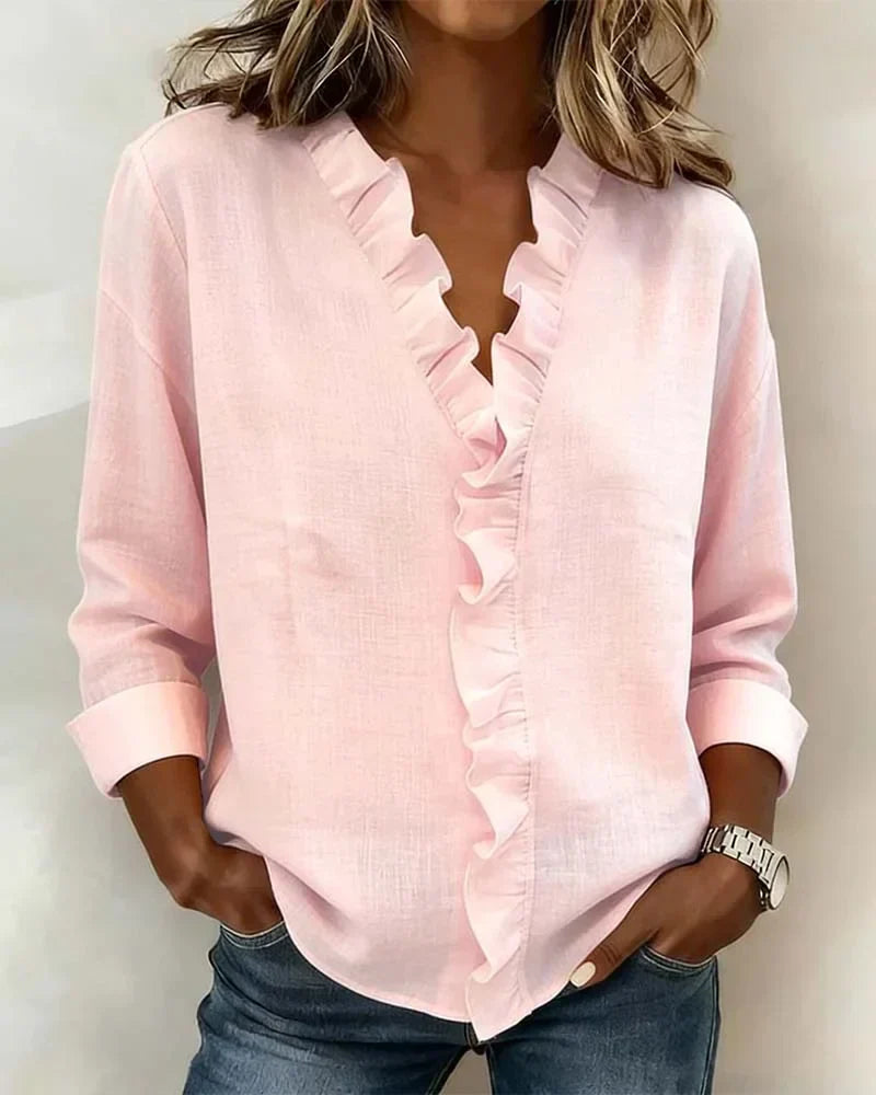 Damen Rüschenshirt V-Ausschnitt Regular Fit Freizeit Elegant