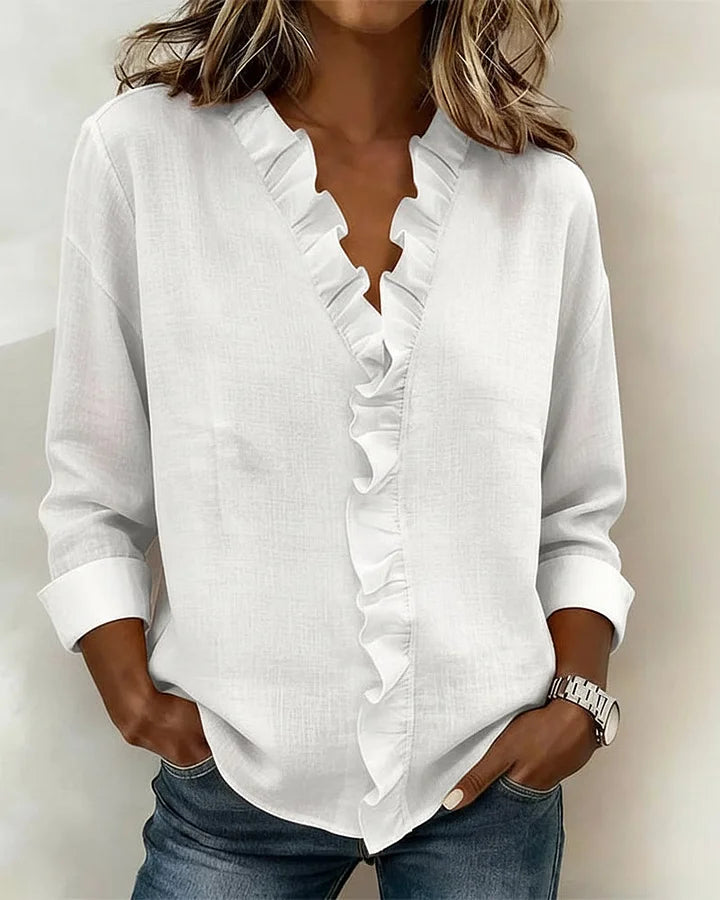 Damen Rüschenshirt V-Ausschnitt Regular Fit Freizeit Elegant